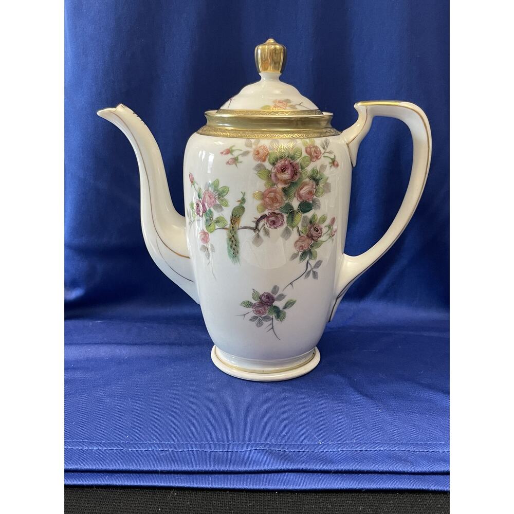 Vintage Porcelain Tea Pot Accented Pink Roses and Peacock